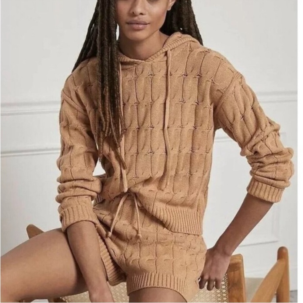 Anthropologie Saturday Sunday Ellyn Cable Knit Hoodie and Shorts Tan Set- L